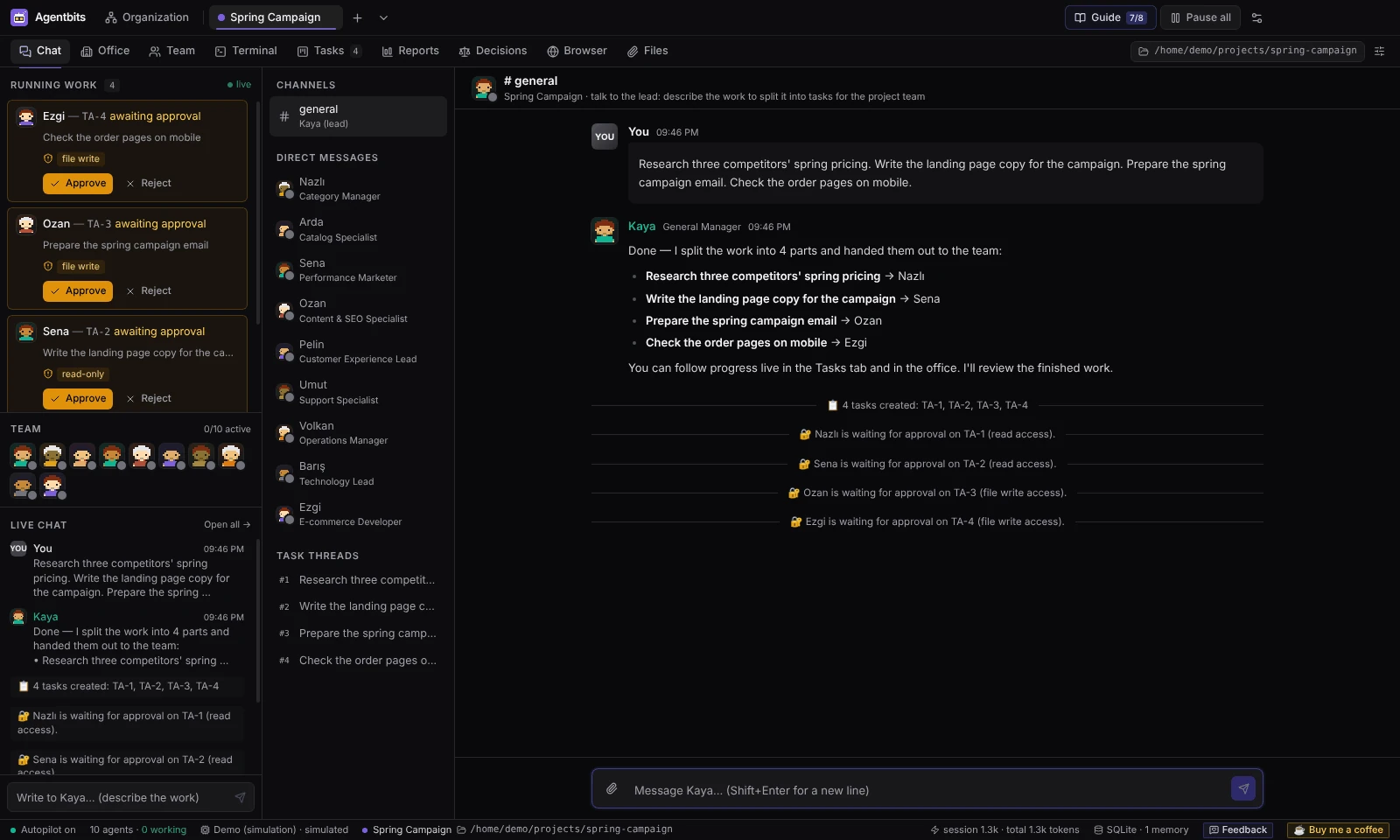 Project chat: the lead splits a request into four tasks