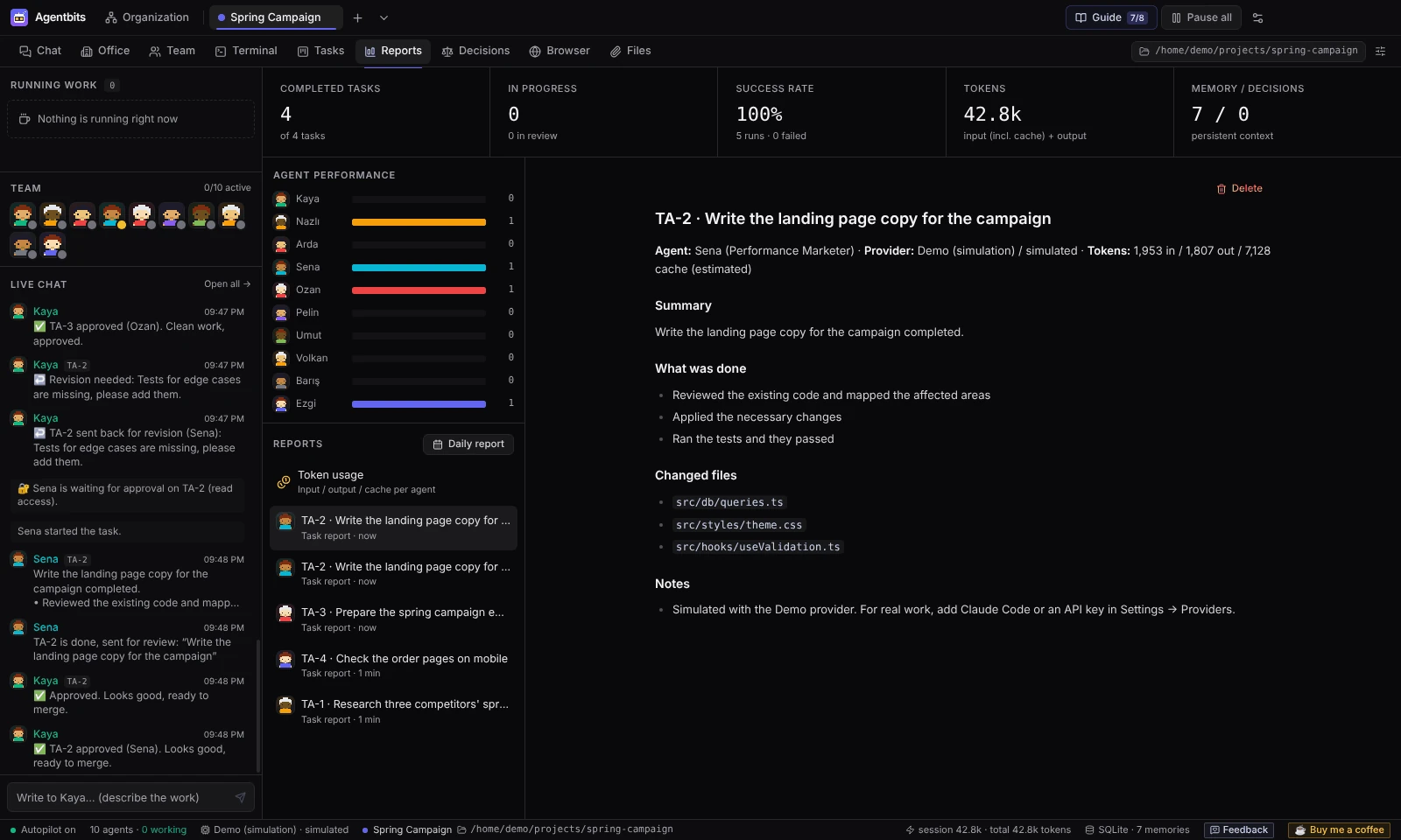 The Reports section with task reports and agent performance