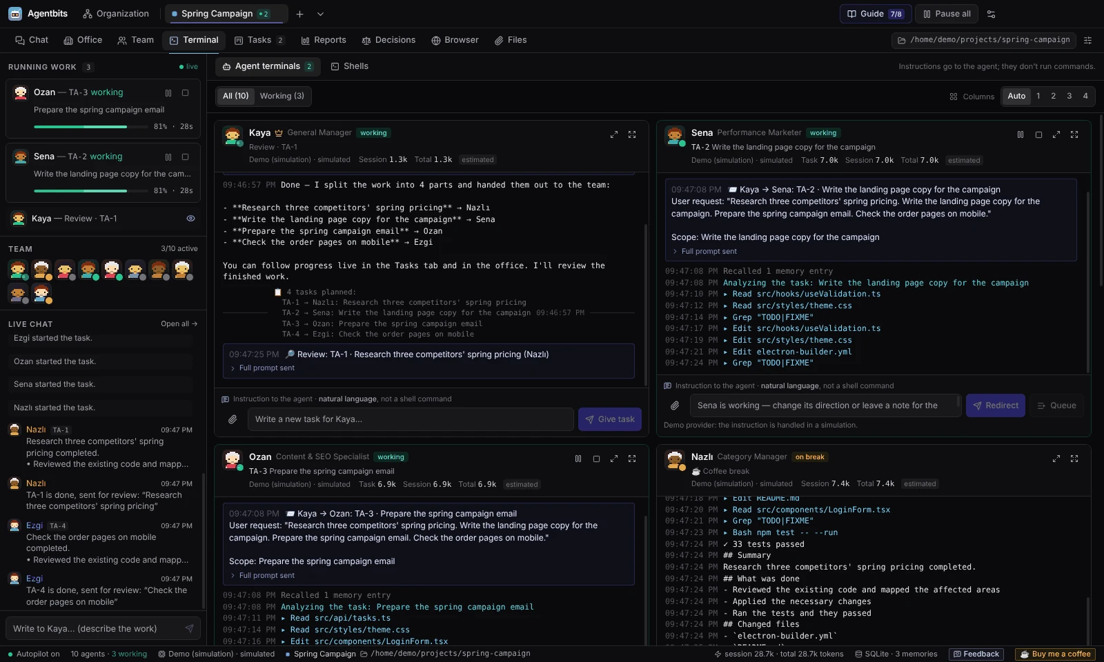 Agent terminals showing the transcripts of several agents